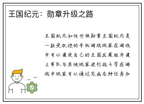 王国纪元：勋章升级之路